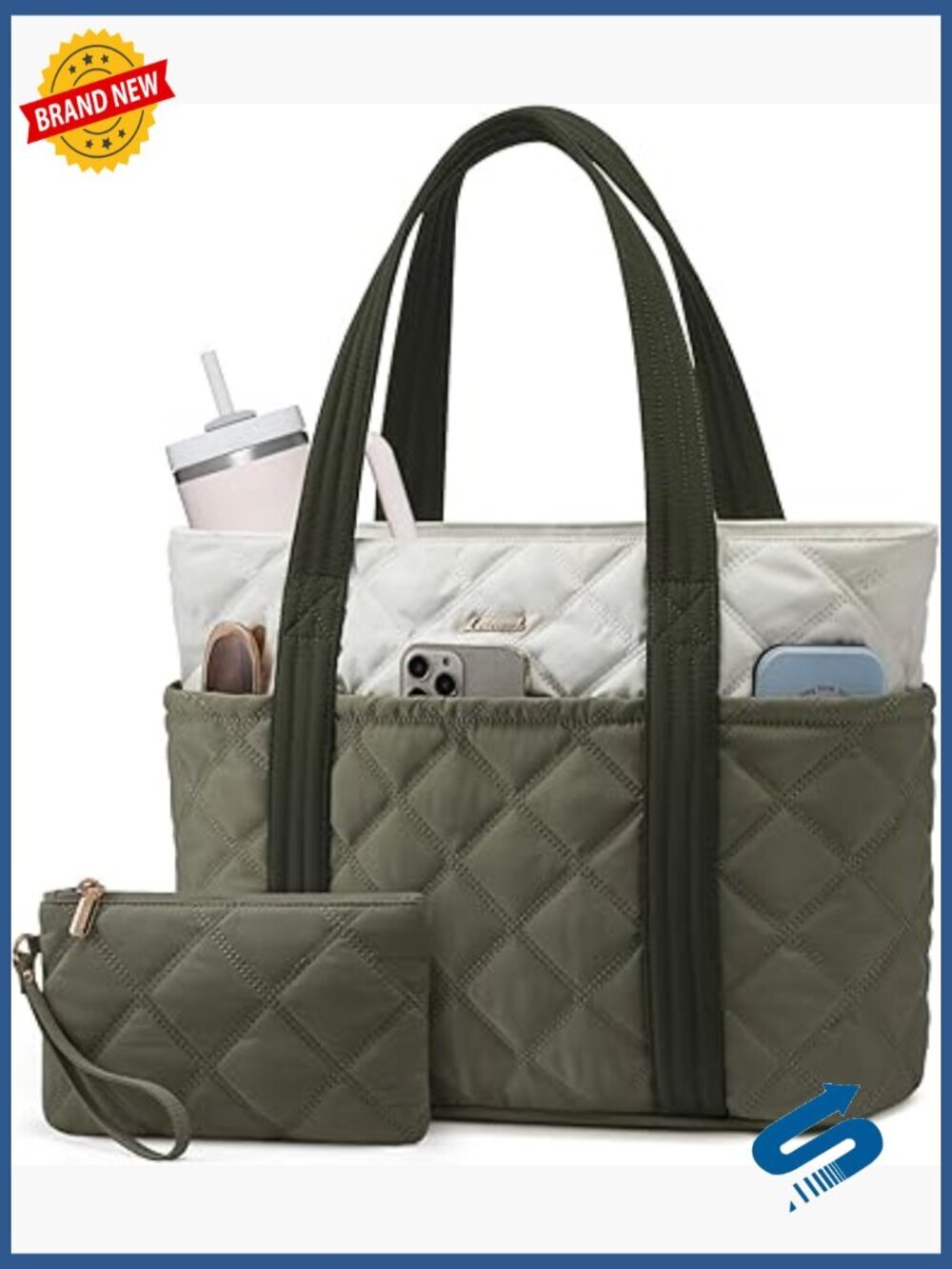 Puffer Tote Bag with Cup Holder, 27L Nylon Work Bag for Women